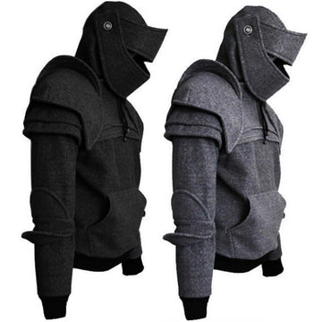 Men Sweatshirt Solid Color Front Pocket Pullover Hoodie Medieval Style Face Cover Hooded Knight Sweatshirt Halloween Clothing