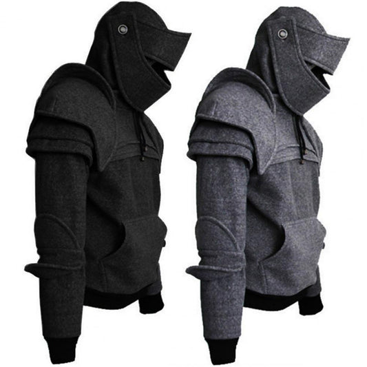 Men Sweatshirt Solid Color Front Pocket Pullover Hoodie Medieval Style Face Cover Hooded Knight Sweatshirt Halloween Clothing