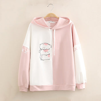 Harajuku Hoodies Cartoon Cat Printed Hooded Baby Blue Sweet Sweatshirt Women Winter Thick Warm Female Cute Kawaii Tops Tracksuit