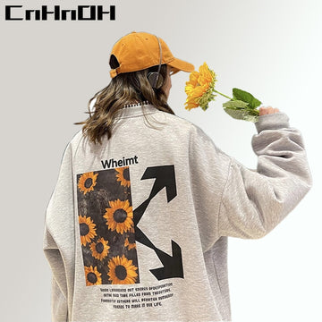 CnHnOH Streetwear Couple Wear Hoodless Hoodies Chic Sunflower Design Sense Printed Round Neck Loose Oversize SE-808