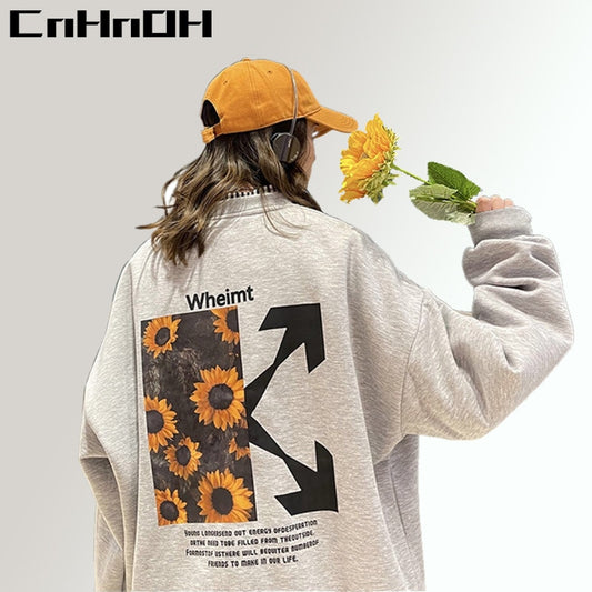 CnHnOH Streetwear Couple Wear Hoodless Hoodies Chic Sunflower Design Sense Printed Round Neck Loose Oversize SE-808