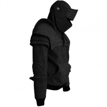 Men Sweatshirt Solid Color Front Pocket Pullover Hoodie Medieval Style Face Cover Hooded Knight Sweatshirt Halloween Clothing