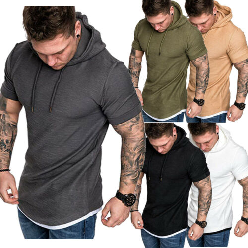 Men Stylish Short Sleeve Tee Shirts Casual Hooded Hoodie Summer Shirt Top