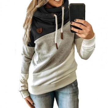 2021 Women Autumn Winter Hoodie Color Block Patchwork Autumn Winter Long Sleeve Drawstring Hooded Sweatshirt for Daily Wear