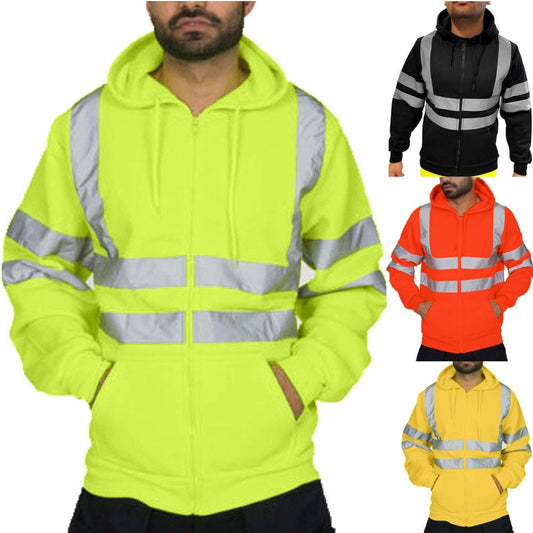 Men Reflective Stripe Hooded Jacket Patchwork Hoodies Road Work High Visibility Pullover Workwear Coat Color Block Hooded Tops