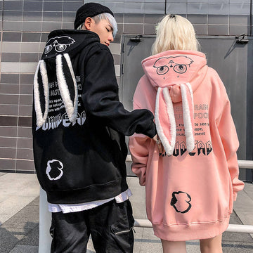 Women Hoodies Animal Printed Kawaii Rabbit Hoodie Sweatshirt Tops Cute Bunny Graphic Outerwear Pink Black Couple Hoodie Girls