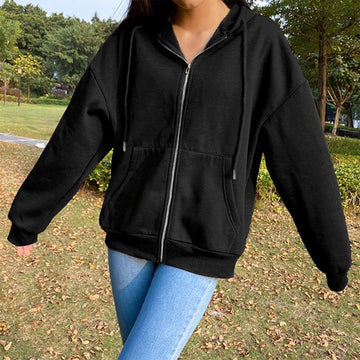 Women Zip Up Sweatshirt Jacket Clothes Hoodies Women&#39;s Pockets Long Sleeve Pullovers Black White Female Tops