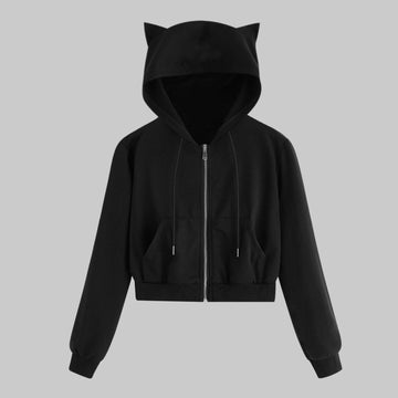 Harajuku Zip Up Cropped Hoodies Tracksuit Sweatshirts For Teen Girls Kawaii Cat Ear Jackets Pocket Drawstring Hoody Sudaderas