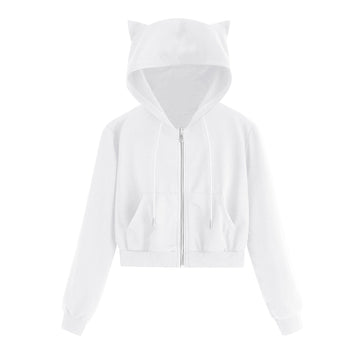 Harajuku Zip Up Cropped Hoodies Tracksuit Sweatshirts For Teen Girls Kawaii Cat Ear Jackets Pocket Drawstring Hoody Sudaderas