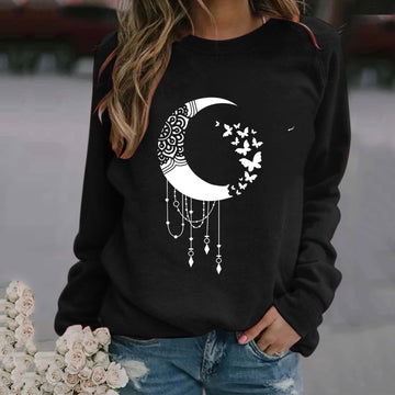 Gothic Punk Style Moon Sun Print Black Hoodie Sweatshirts For Women Casual Loose Round Neck Blouse Jumper Harajuku Kpop Moletom