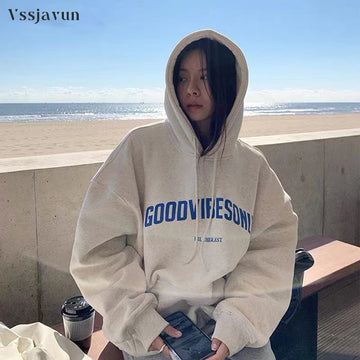 Vssjavun Letter Print Hoodies Women Vintage Winter Autumn Loose Hooded Shirt Grunge Street Sweatshirt Y2k Oversize Pullovers