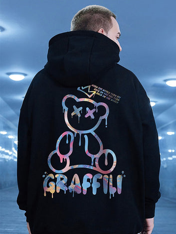 High Street Graffiti Bear Print Men's Fleece Hoodie Retro Autumn Casual Pullover Hooded Sweatshirts Hip Hop Y2K Hoodies Clothes