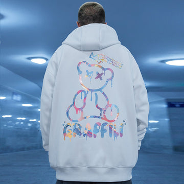 High Street Graffiti Bear Print Men&#39;s Fleece Hoodie Retro Autumn Casual Pullover Hooded Sweatshirts Hip Hop Y2K Hoodies Clothes