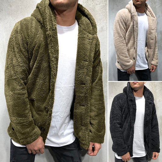 Men Fleece Hoodie Coats Autumn Winter Hooded Button Long Sleeve Loose Solid Warm Sweatshirts FYY-1028