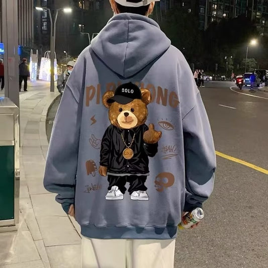 Autumn Middle Finger Bear Print Casual Hooded Sweatshirt For Men Japanese Hoodies Pullover Harajuku Fashion Y2K Streetwear