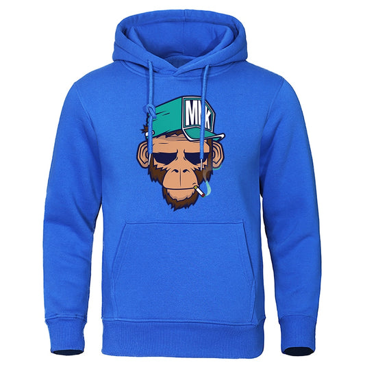 European American Style Personality Smoking Monkey Hoodie Mens Fashion Loose Sweatshirt Fashion Hoodies Casual Fleece Streetwear