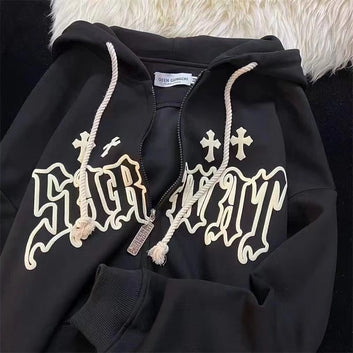 Gothic Embroidery Hoodies Women High Street Harajuku Retro Hip Hop Zip Up Hoodie Loose Man Sweatshirt Hoodie Clothes Y2K Hoodie