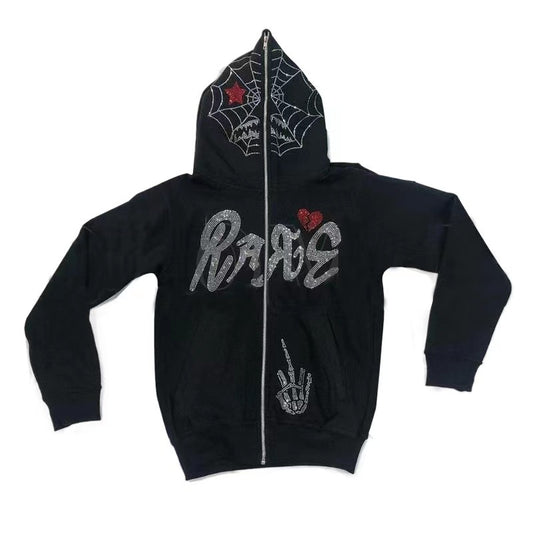 Y2K Full Zip Up Hoodie Men Autumn Winter Gothic Rhinestones Spider Web Sweatshirt Hip Hop Grunge Skeleton Oversized Jacket Coat