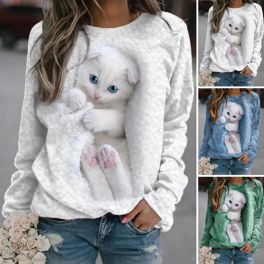 Casual Loose Sweatshirt Women's White Cute Cat Print Hoodie 2023 Autumn O Neck Splicing Long Sleeve 3D Animal Female Daily Tops