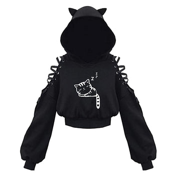 Vintage Women Long Sleeve Hoodies Kawaii Cat Ears Hoodie Y2K Gothic Punk Harajuku Cold Shouler Bandage Gothic Black Sweatshirts