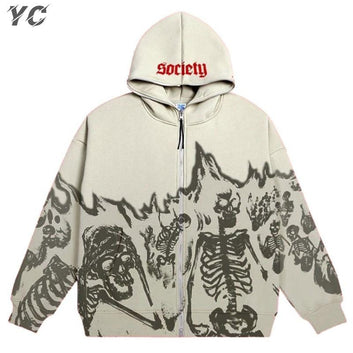 Vintage Anime Women Skull Print Gothic Hoodies Y2k Zip Up Unisex Coat Pullovers Men Streetwear Harajuku Hoody Sweatshirts Female