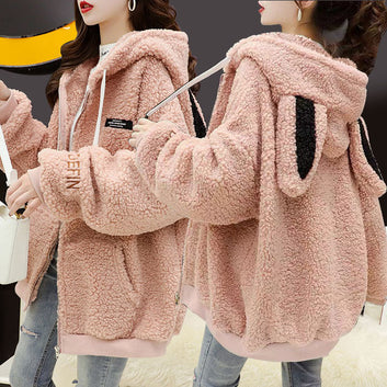 Rabbit Ear Hoodie Autumn Winter Women's Zipper Sweatshirt Coat Long Sleeve Hooded Cute Sweet Girl Harajuku Warm Sweatshirt Coat