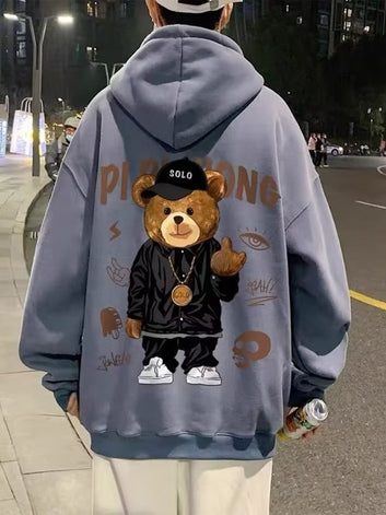 Autumn Middle Finger Bear Print Casual Hooded Sweatshirt For Men Japanese Hoodies Pullover Harajuku Fashion Y2K Streetwear