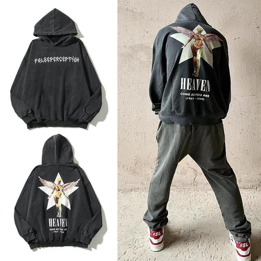 High Street Trendy Spring Clothes Nirvana Angel Printing Washed Old Cut Torn Hooded Sweatshirt Men Women Loose Cotton Hoodie Top