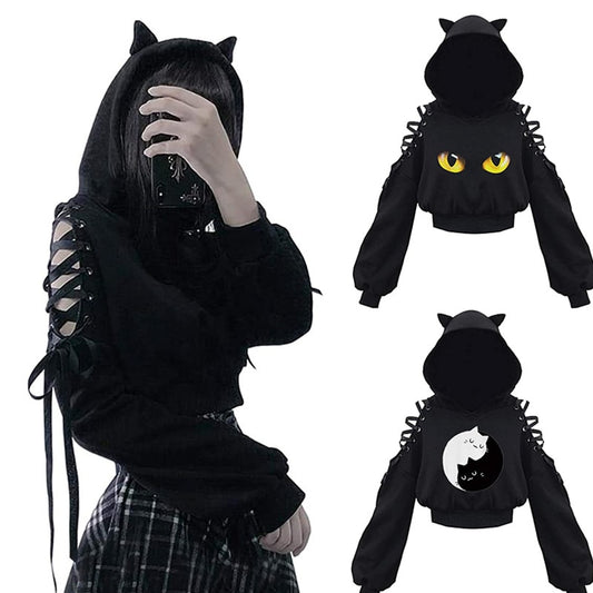 Vintage Women Long Sleeve Hoodies Kawaii Cat Ears Hoodie Y2K Gothic Punk Harajuku Cold Shouler Bandage Gothic Black Sweatshirts