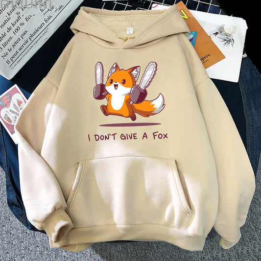 I Don't Give A Fox Cute Animal Kawaii Hoodie Mens Loose Fleece Pullover Hip Hop Hoodies Streetwear Cartoon Women Men Sweatshirts