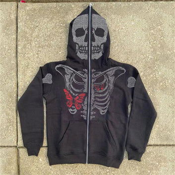 Zip Hoodie Men Y2K clothes Hoodie Fashion Hoodies Goth rhinestones Butterfly Skeleton Print Long Sleeve Sweatshirt Oversized Top