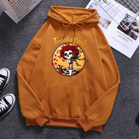 Grateful Dead Skull With Rose Wreath Print Men Streetwear High Street Personality Hoodies Oversize O-Neck Pullover Male Clothing