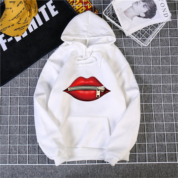 Fashion Women's Casual Red Lip Sweatshirts Long Sleeve Hooded 2020 Vintage Creativity zipper Lips Pullovers Warm Hoodies Women