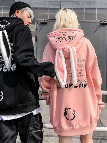 HOUZHOU Kawaii Rabbit Ears Hoodie Women Autumn Winter Harajuku Oversized Sweatshirt Cartoon Kpop Gothic Couple Outfit Streetwear