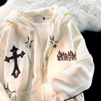 Gothic Embroidery Hoodies Women Retro Harajuku Hip Hop Jacket High Street Zip Up Hoodie Casual Loose Sweatshirt Clothes Y2K Tops